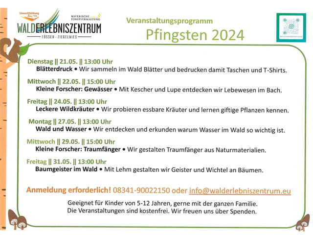 Walderlebniszentrum Füssen-Ziegelwies Veranstaltungsprogramm Pfingsten 2024